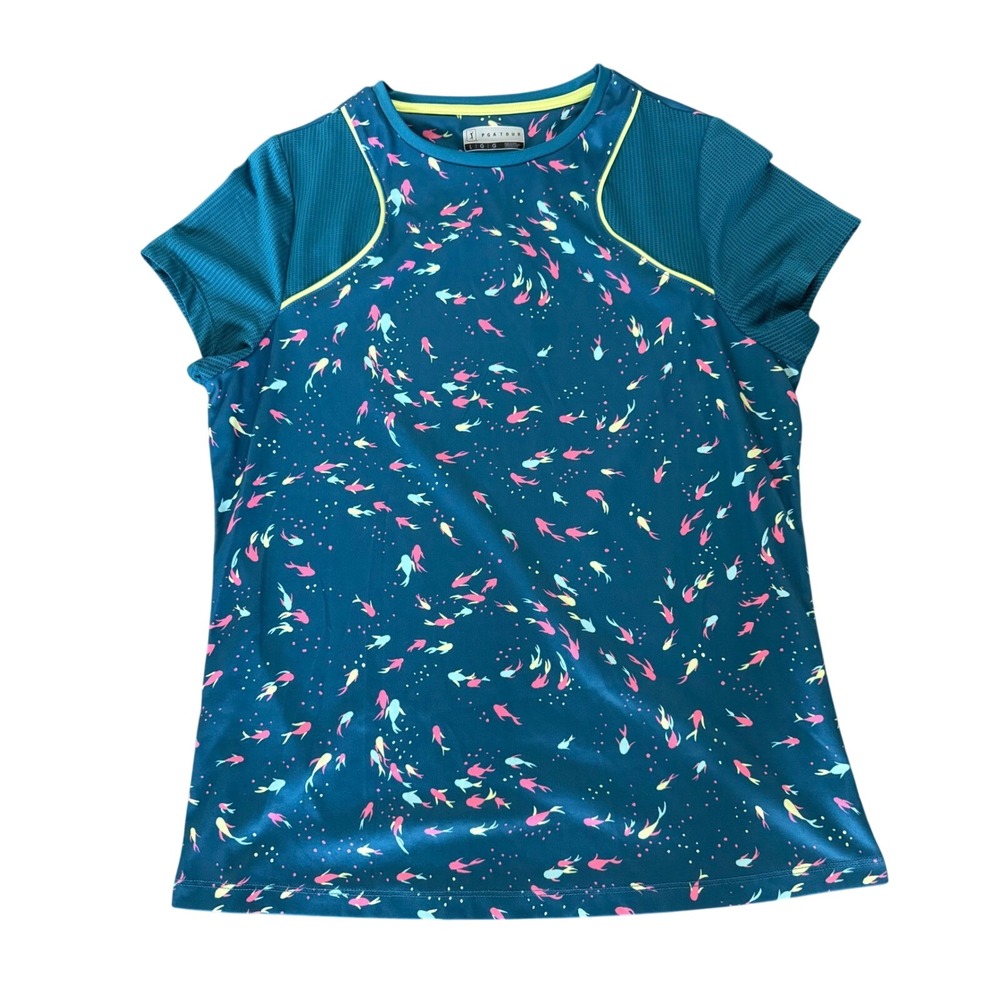 PGA TOUR Women's Performance Golf Top Size Large Blue Koi Fish Print Athletic